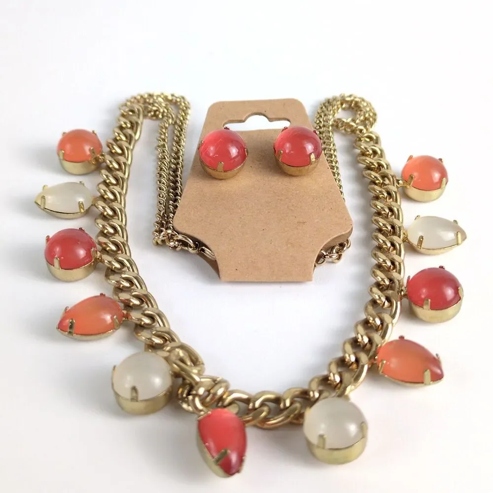 Peach & White Moonstone Goldtone Chain Necklace Earring Set Boho Estate‎ Jewelry